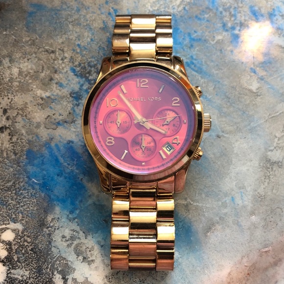 Michael Kors Accessories - Michael Kors MK Iridescent Pink Face Gold Watch